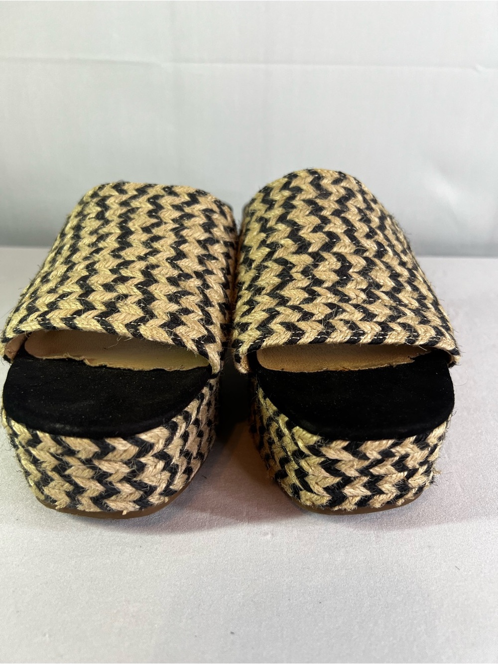 Lucky Brand Beffani Wedge Sandals Size 9 Black Cream Woven Jute Espadrille Boho - Picture 4 of 12